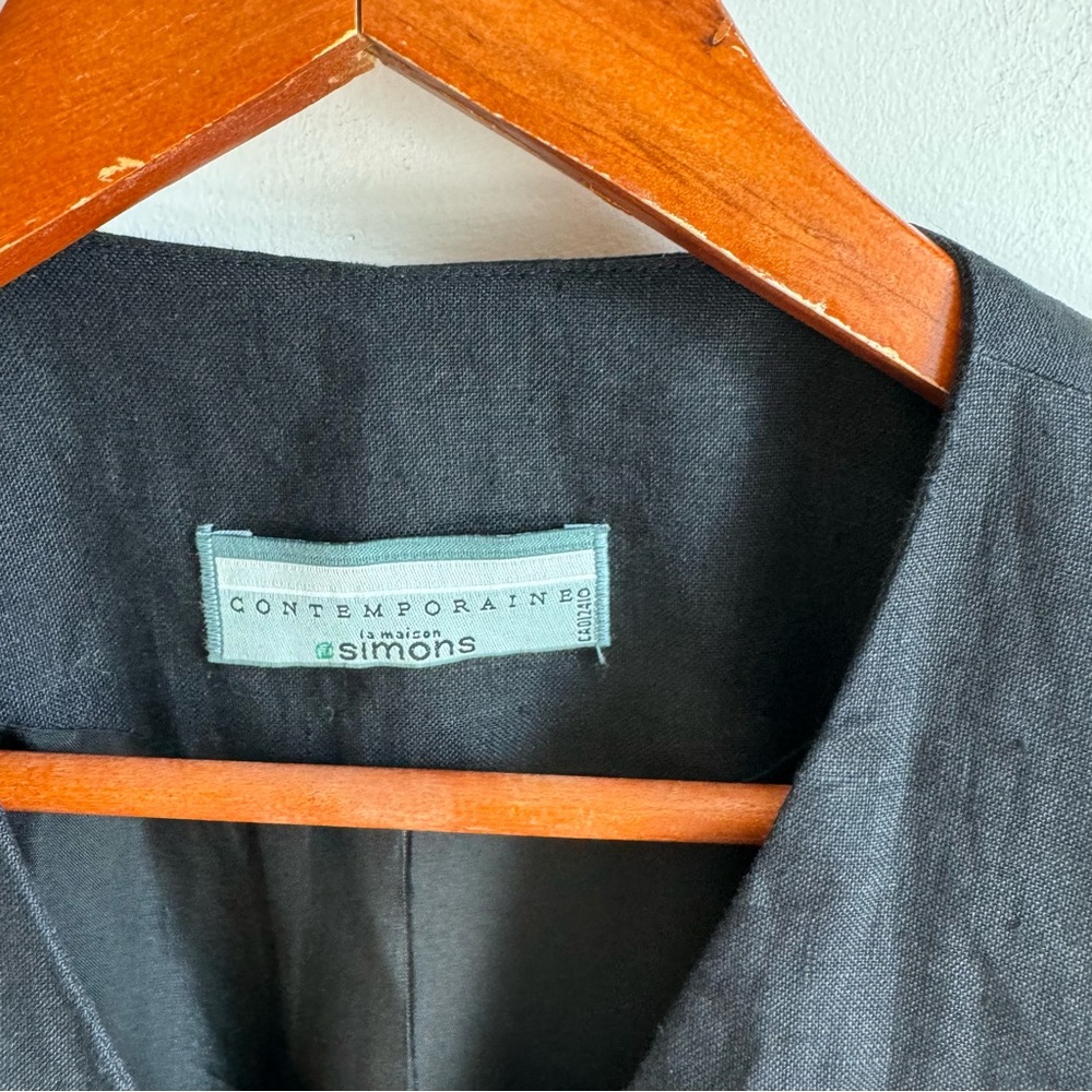 Simons Vintage Contemoraine Black Midi 100% Linen Dress Size 12 Double Buttons - Picture 5 of 11